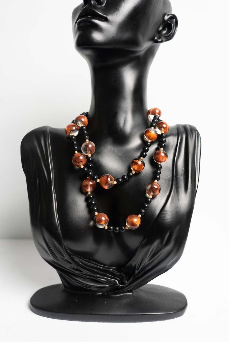 Vintage Glass Red Swirl Marbles Black Beads MCM Artisan Beaded Necklace 27in